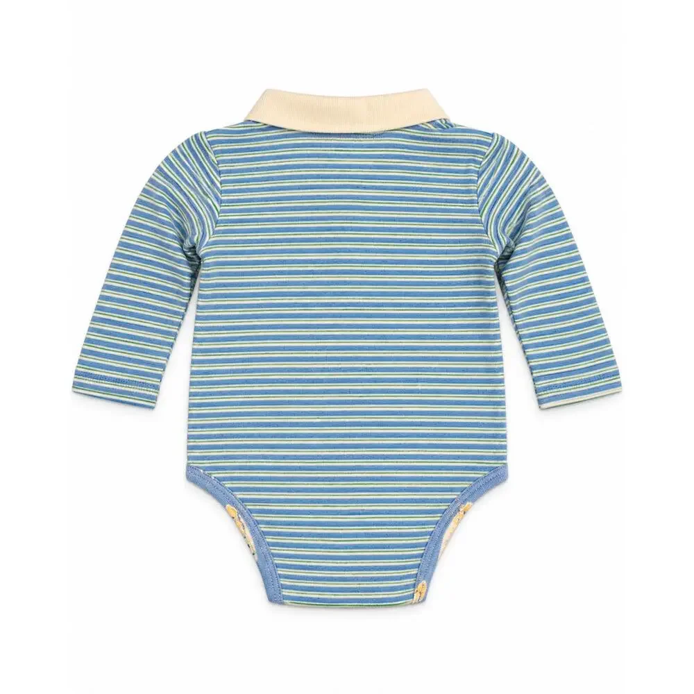 Vintage striped polo bodysuit with embroidered truck detail